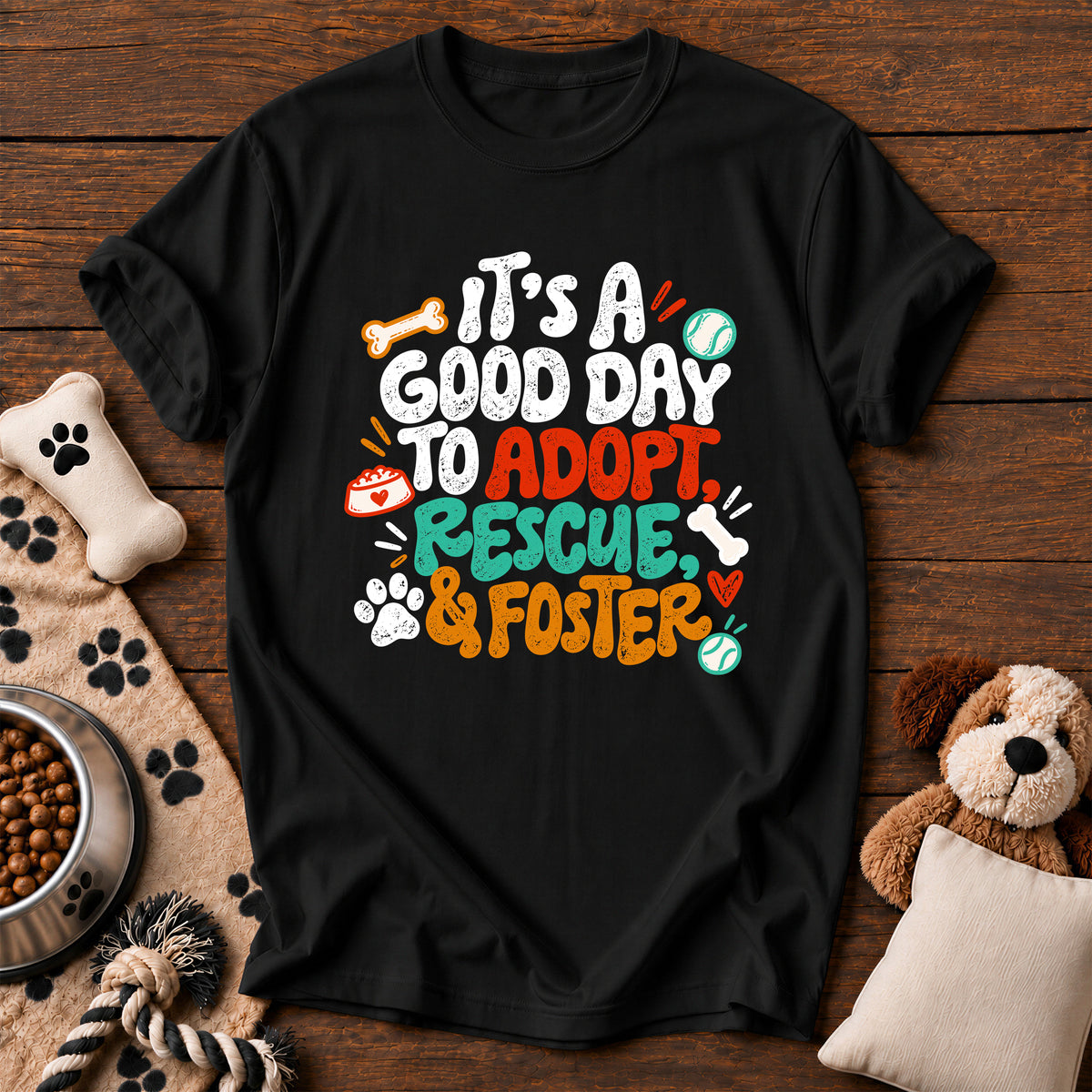 Adopt, Rescue & Foster Dog Tee — dog rescue t-shirt in Black, Comfort Colors 1717 flat lay