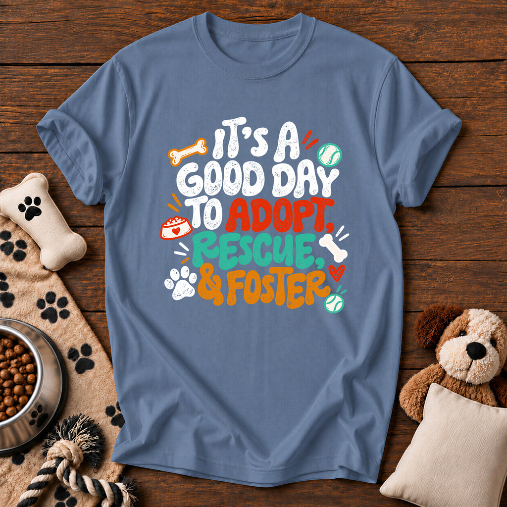 Adopt, Rescue & Foster Dog Tee — dog rescue t-shirt in Blue Jean, Comfort Colors 1717 flat lay