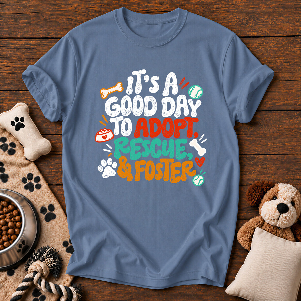 Adopt, Rescue & Foster Dog Tee — dog rescue t-shirt in Blue Jean, Comfort Colors 1717 flat lay