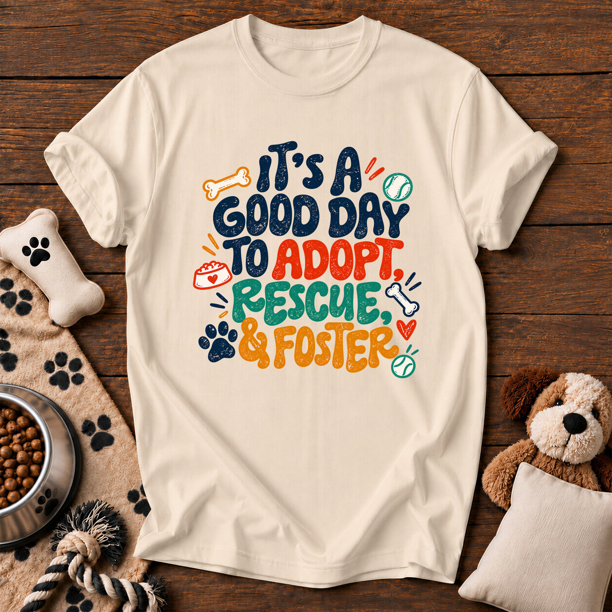 Adopt, Rescue & Foster Dog Tee — dog rescue t-shirt in Ivory, Comfort Colors 1717 flat lay