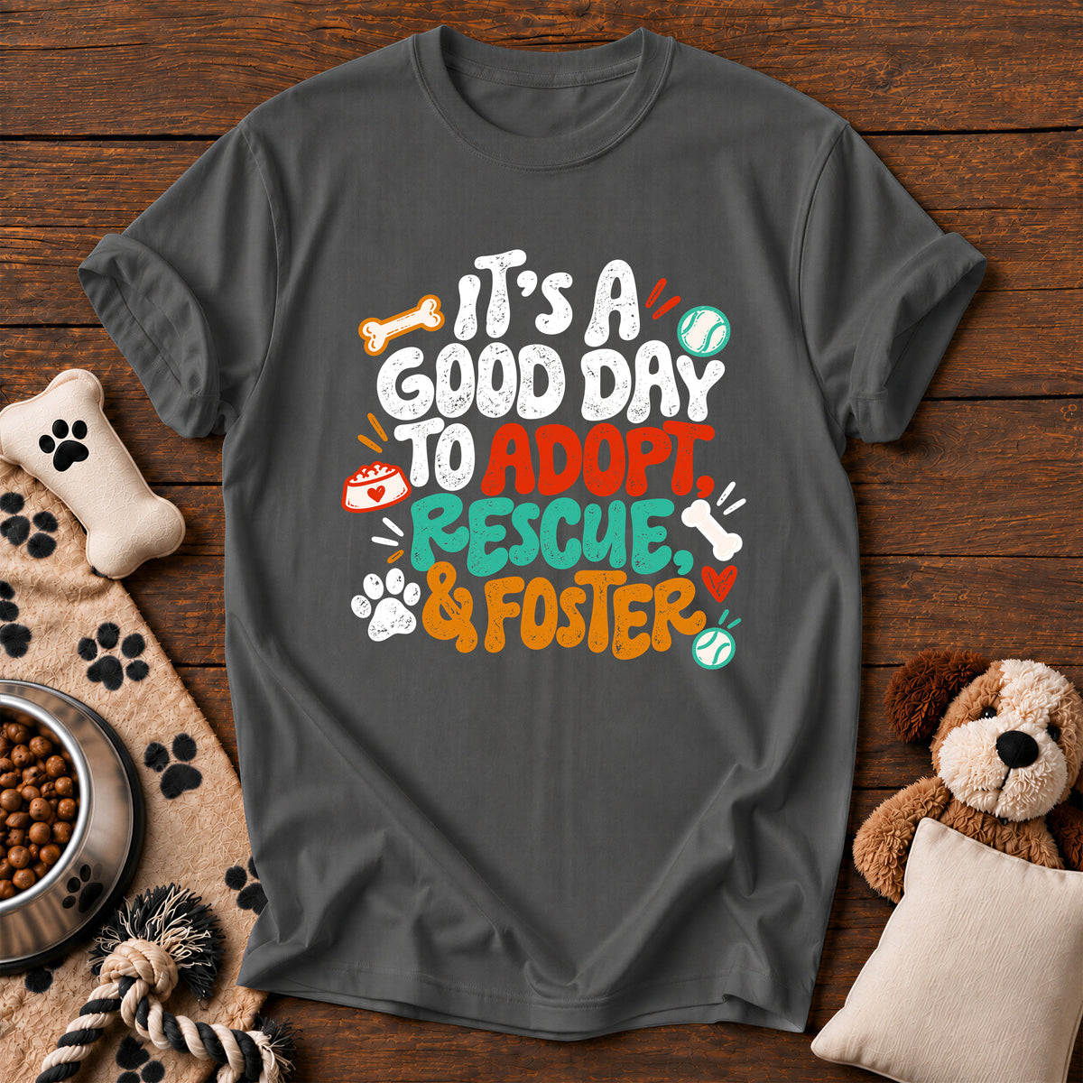 Adopt, Rescue & Foster Dog Tee — dog rescue t-shirt in Pepper, Comfort Colors 1717 flat lay