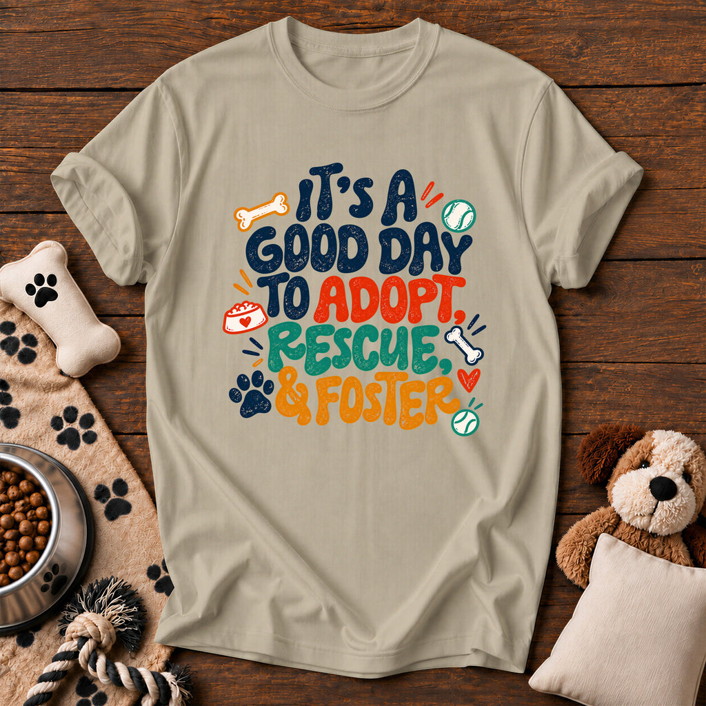 Adopt, Rescue & Foster Dog Tee — dog rescue t-shirt in Sandstone, Comfort Colors 1717 flat lay