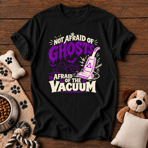 Afraid of the Vacuum Dog Tee — funny dog t-shirt in Black, Comfort Colors 1717 flat lay