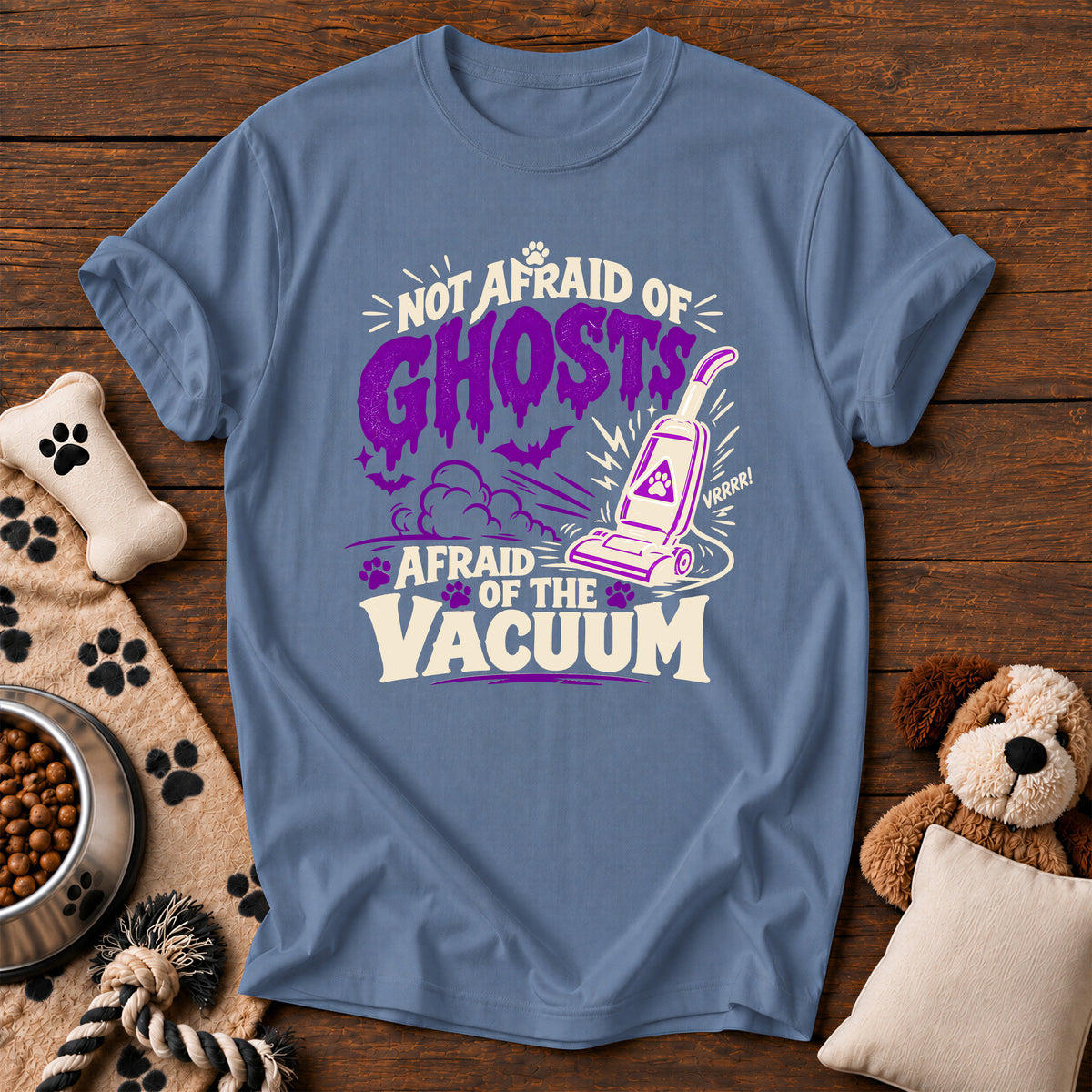 Afraid of the Vacuum Dog Tee — funny dog t-shirt in Blue Jean, Comfort Colors 1717 flat lay