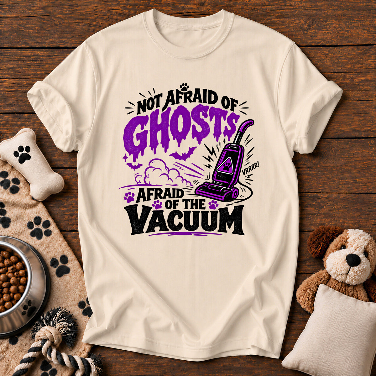 Afraid of the Vacuum Dog Tee — funny dog t-shirt in Ivory, Comfort Colors 1717 flat lay