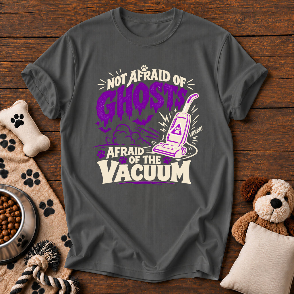 Afraid of the Vacuum Dog Tee — funny dog t-shirt in Pepper, Comfort Colors 1717 flat lay