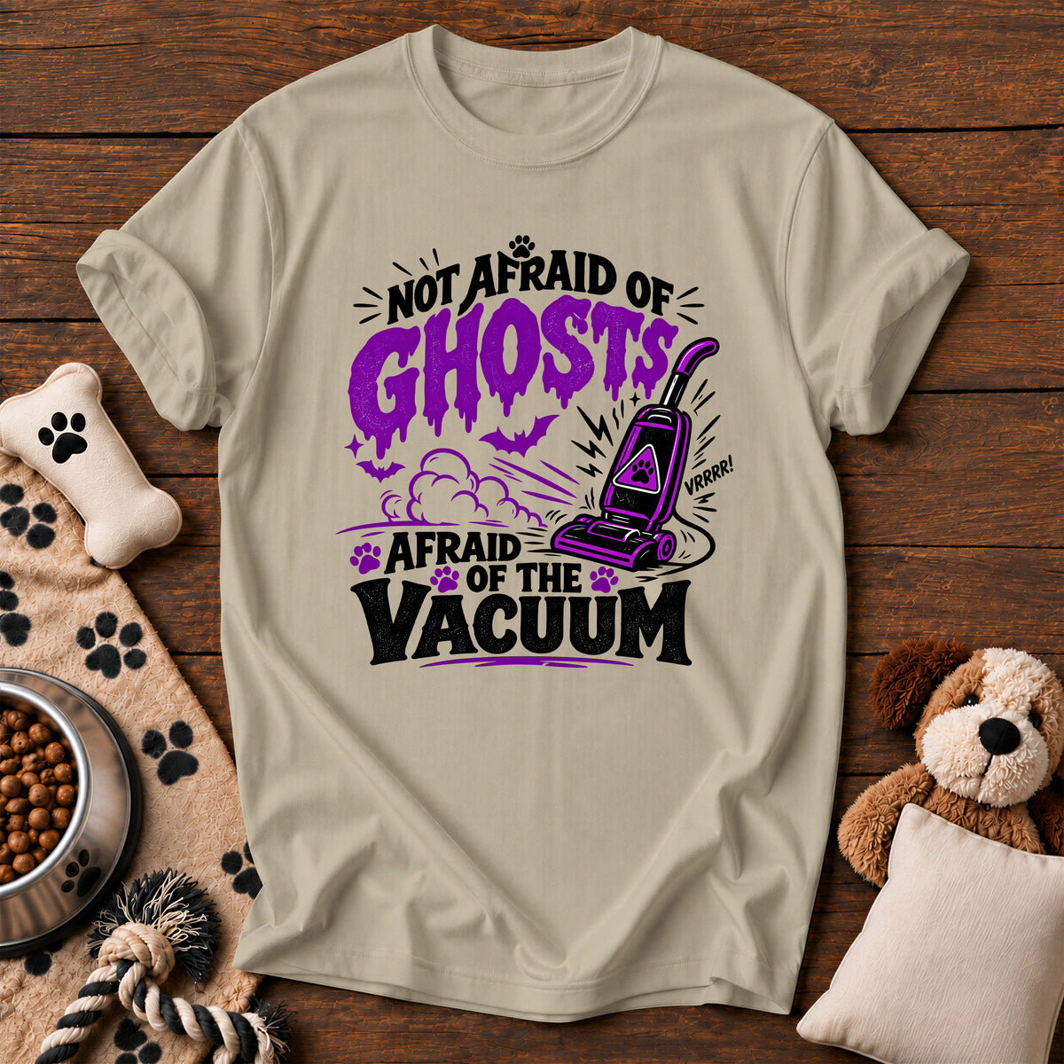 Afraid of the Vacuum Dog Tee — funny dog t-shirt in Sandstone, Comfort Colors 1717 flat lay