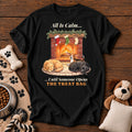 All Is Calm Treat Bag Dog Tee — funny dog t-shirt in Black, Comfort Colors 1717 flat lay