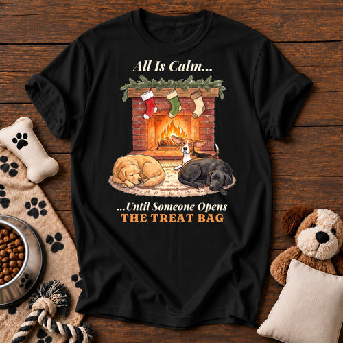All Is Calm Treat Bag Dog Tee — funny dog t-shirt in Black, Comfort Colors 1717 flat lay