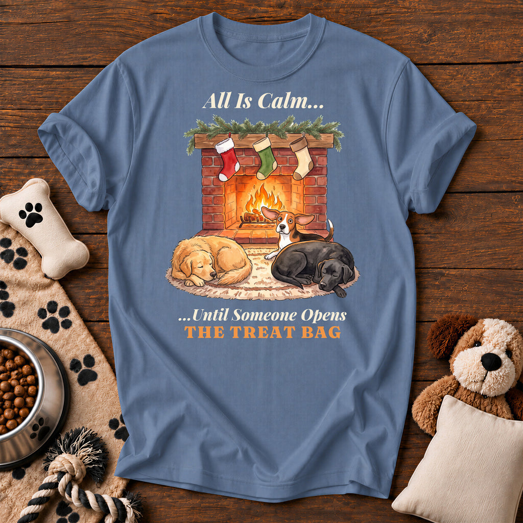 All Is Calm Treat Bag Dog Tee — funny dog t-shirt in Blue Jean, Comfort Colors 1717 flat lay