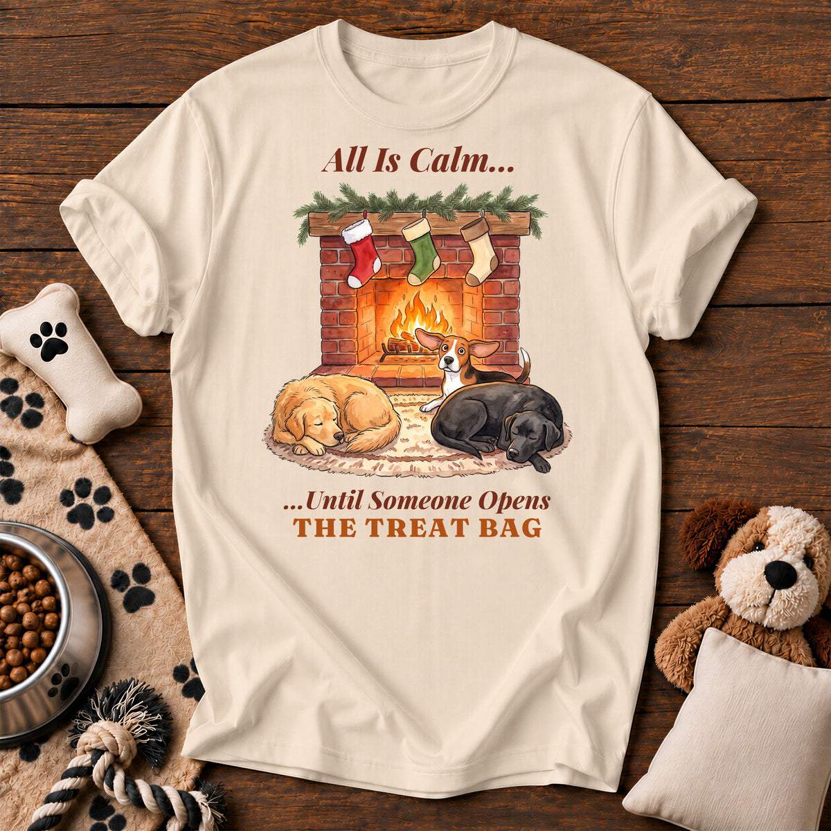 All Is Calm Treat Bag Dog Tee — funny dog t-shirt in Ivory, Comfort Colors 1717 flat lay