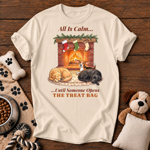 All Is Calm Treat Bag Dog Tee — funny dog t-shirt in Ivory, Comfort Colors 1717 flat lay