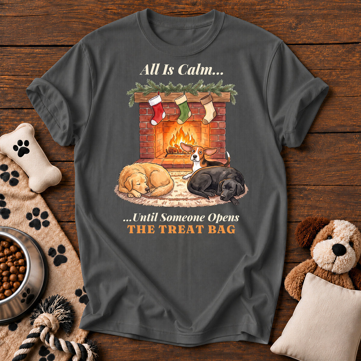 All Is Calm Treat Bag Dog Tee — funny dog t-shirt in Pepper, Comfort Colors 1717 flat lay
