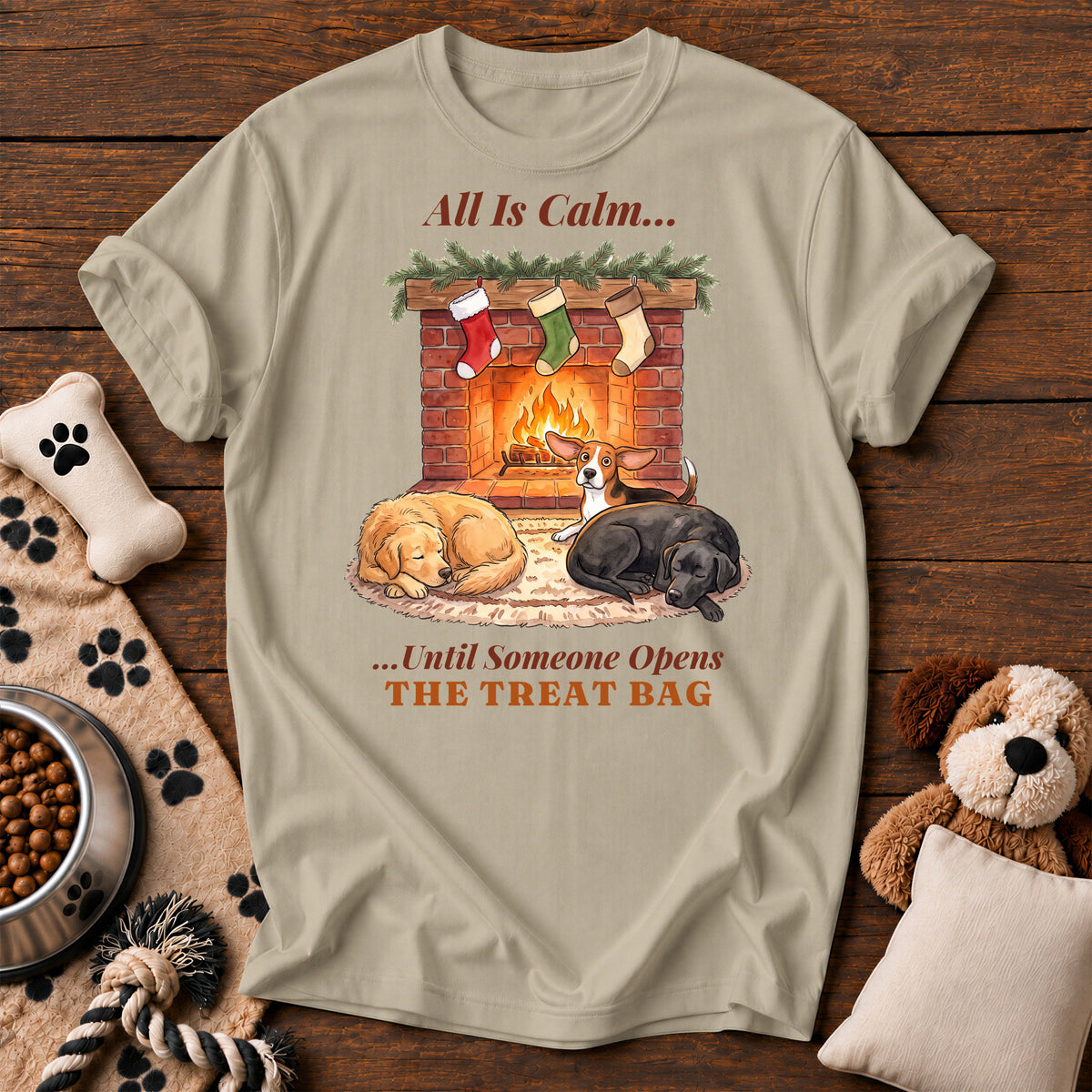 All Is Calm Treat Bag Dog Tee — funny dog t-shirt in Sandstone, Comfort Colors 1717 flat lay