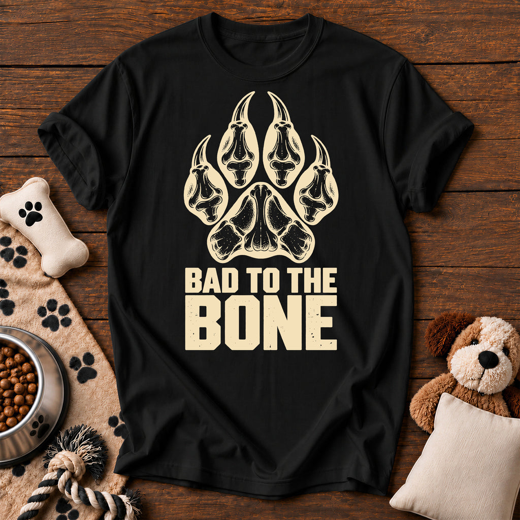 Bad to the Bone Dog Paw Tee — funny dog t-shirt in Black, Comfort Colors 1717 flat lay