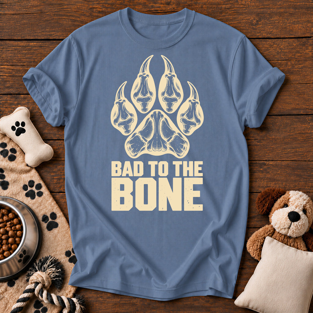 Bad to the Bone Dog Paw Tee — funny dog t-shirt in Blue Jean, Comfort Colors 1717 flat lay