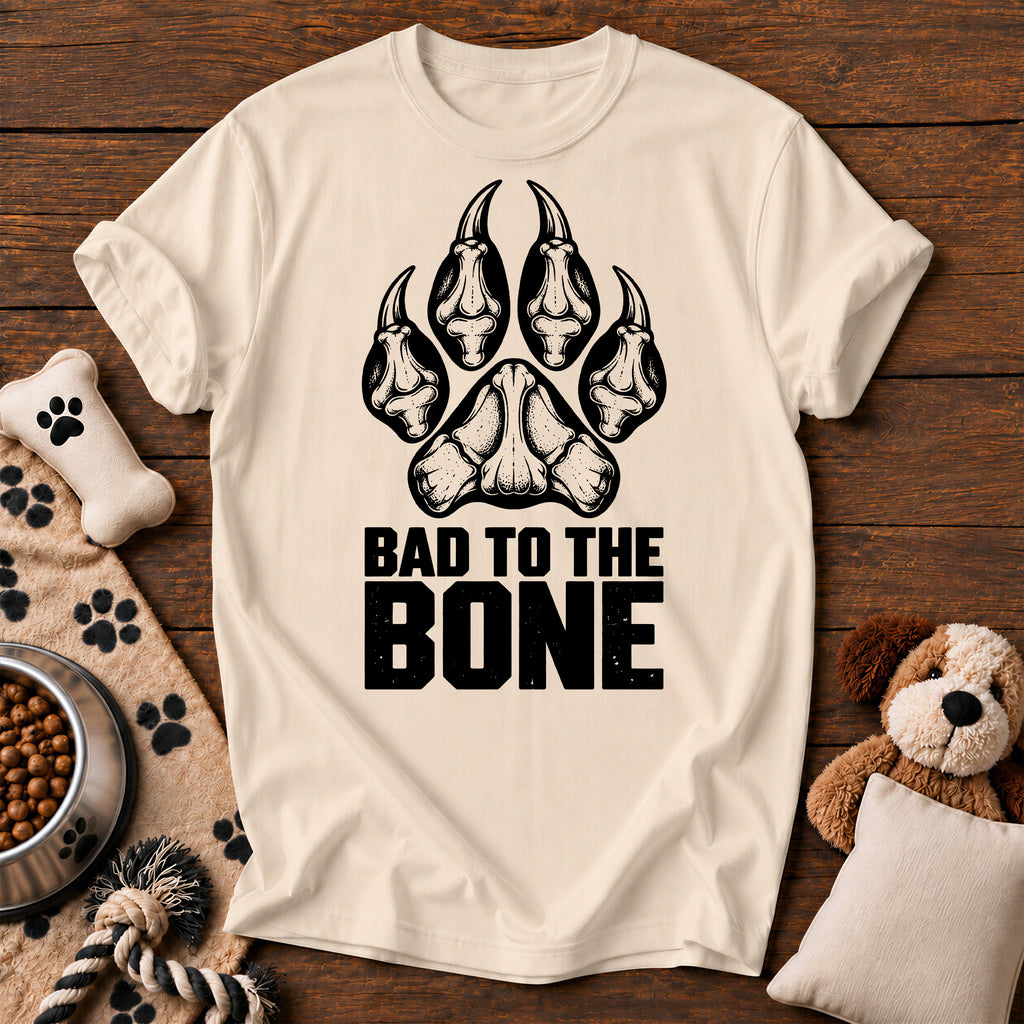 Bad to the Bone Dog Paw Tee — funny dog t-shirt in Ivory, Comfort Colors 1717 flat lay