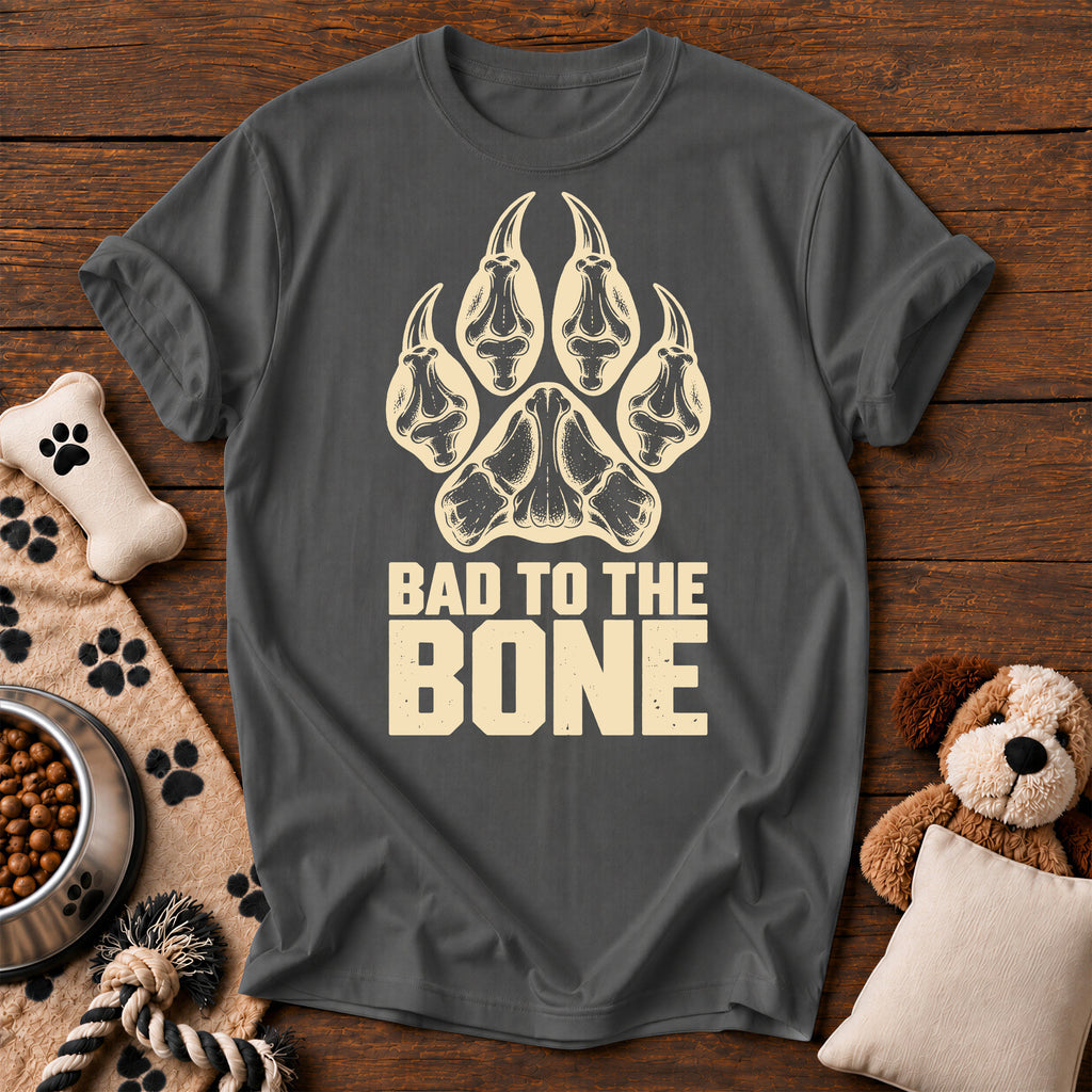 Bad to the Bone Dog Paw Tee — funny dog t-shirt in Pepper, Comfort Colors 1717 flat lay