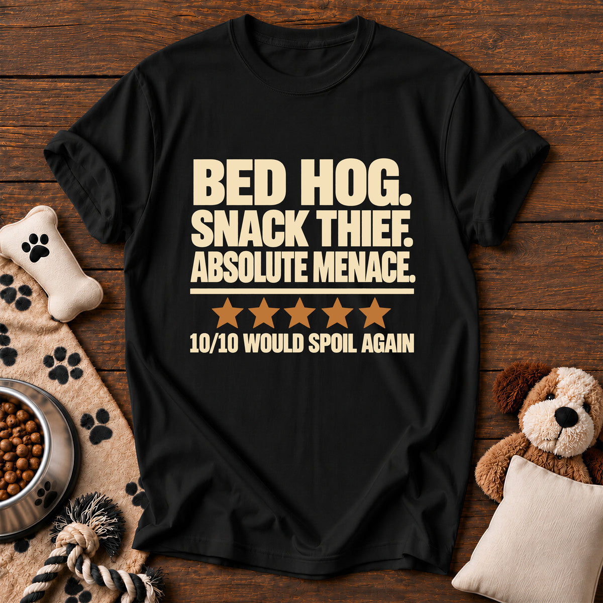 Bed Hog Snack Thief Dog Tee — funny dog t-shirt in Black, Comfort Colors 1717 flat lay