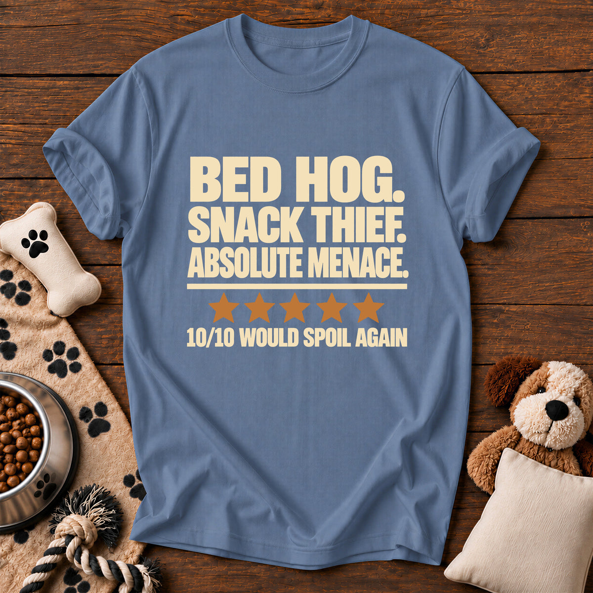 Bed Hog Snack Thief Dog Tee — funny dog t-shirt in Blue Jean, Comfort Colors 1717 flat lay