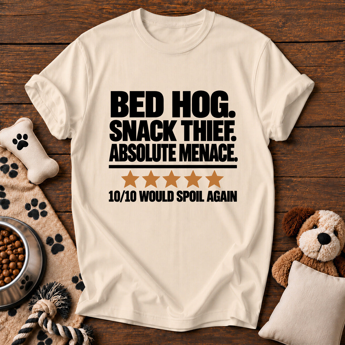 Bed Hog Snack Thief Dog Tee — funny dog t-shirt in Ivory, Comfort Colors 1717 flat lay