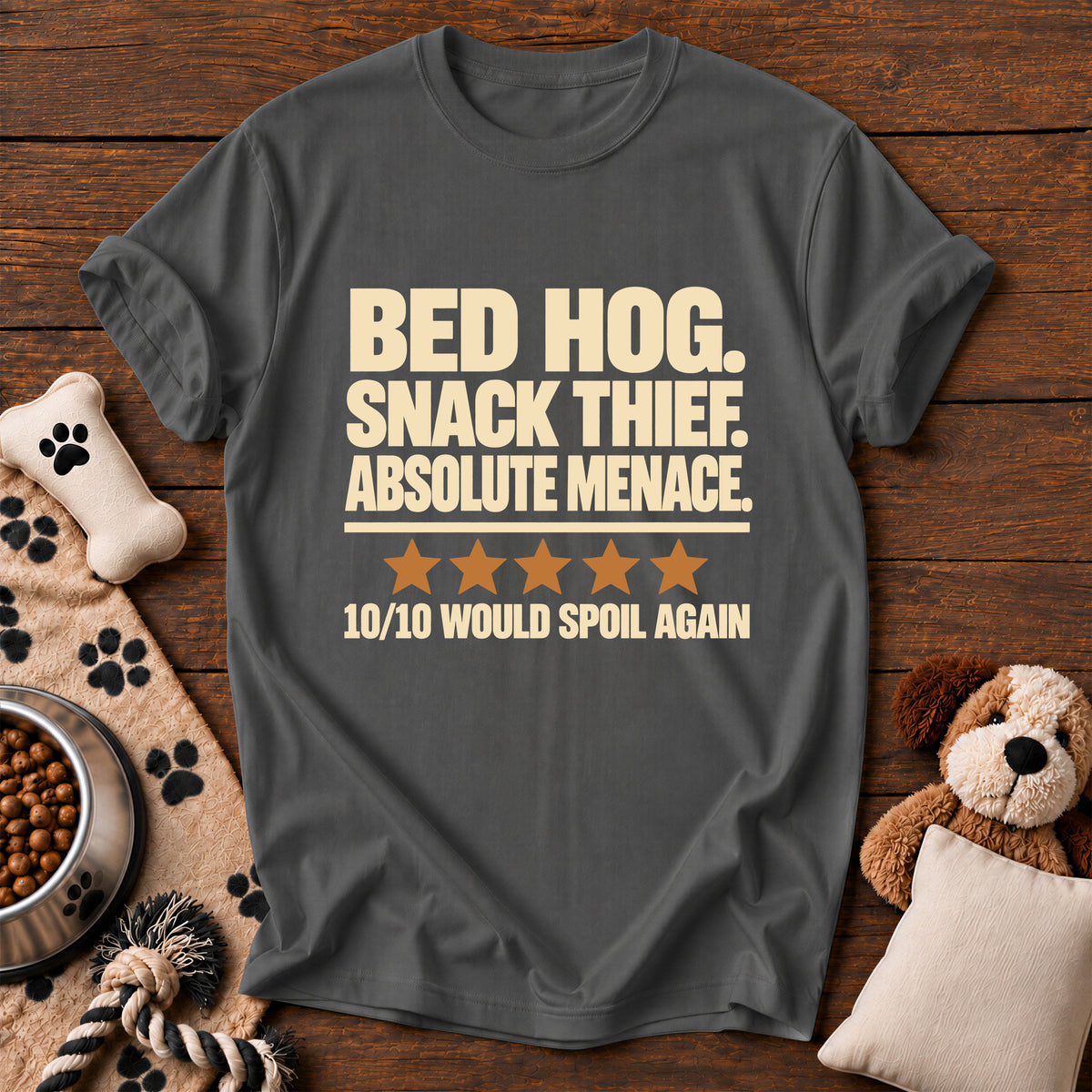 Bed Hog Snack Thief Dog Tee — funny dog t-shirt in Pepper, Comfort Colors 1717 flat lay