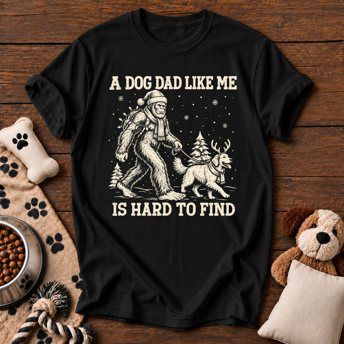Bigfoot Dog Dad Christmas Tee — funny dog t-shirt in Black, Comfort Colors 1717 flat lay