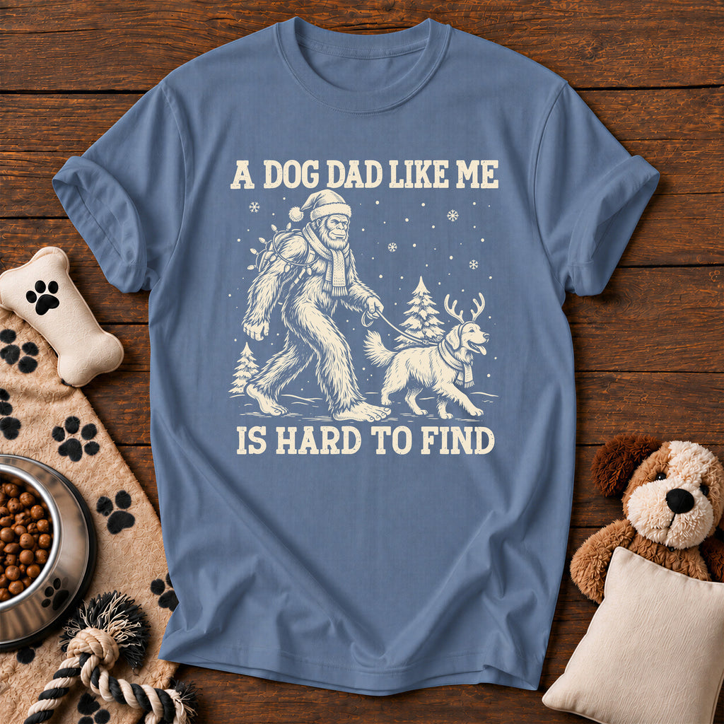 Bigfoot Dog Dad Christmas Tee — funny dog t-shirt in Blue Jean, Comfort Colors 1717 flat lay