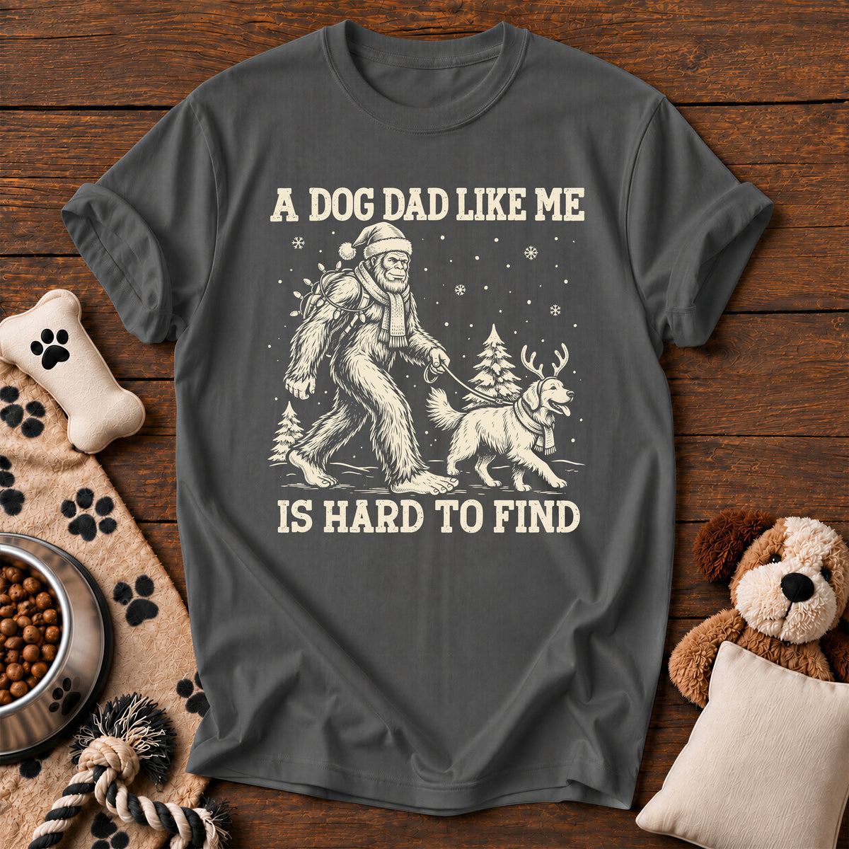 Bigfoot Dog Dad Christmas Tee — funny dog t-shirt in Pepper, Comfort Colors 1717 flat lay