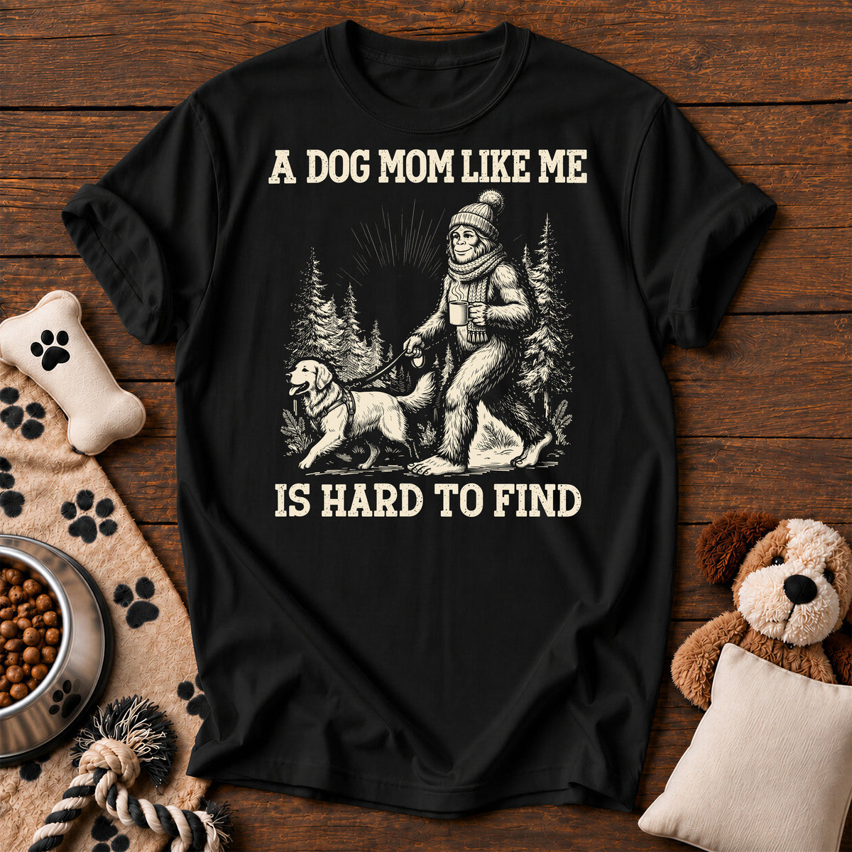 Bigfoot Dog Mom Tee — funny dog t-shirt in Black, Comfort Colors 1717 flat lay