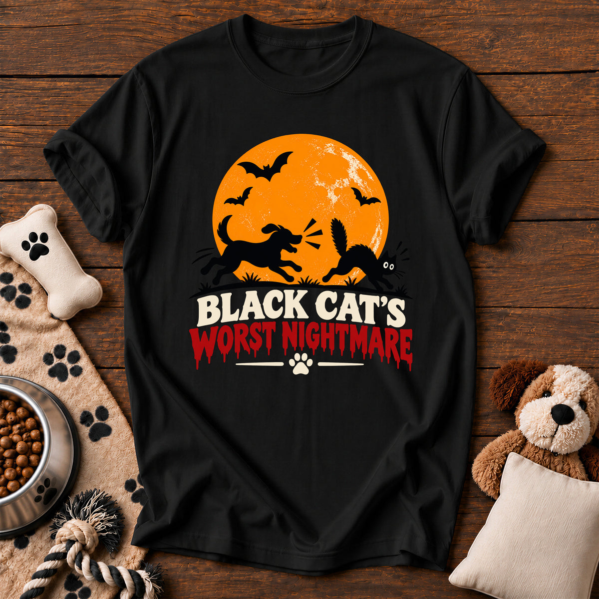 Black Cat's Nightmare Dog Tee — funny dog t-shirt in Black, Comfort Colors 1717 flat lay
