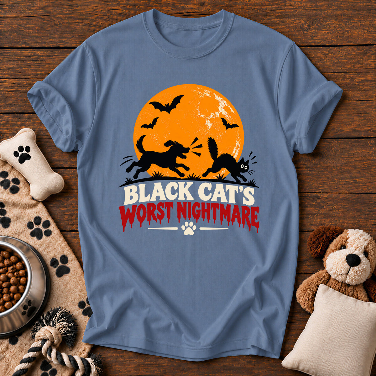 Black Cat's Nightmare Dog Tee — funny dog t-shirt in Blue Jean, Comfort Colors 1717 flat lay