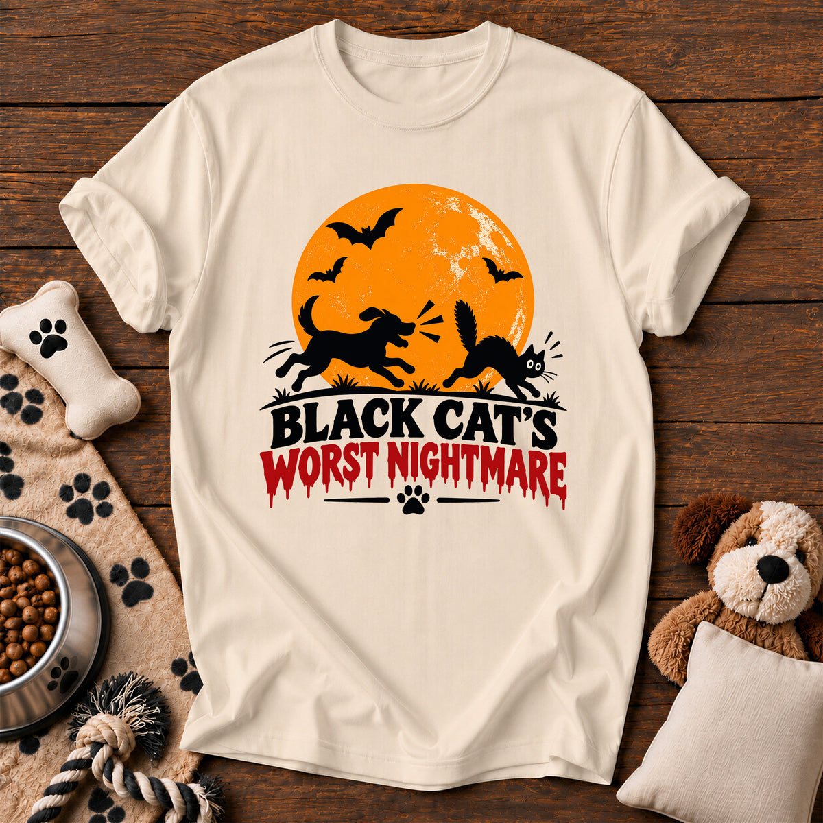 Black Cat's Nightmare Dog Tee — funny dog t-shirt in Ivory, Comfort Colors 1717 flat lay