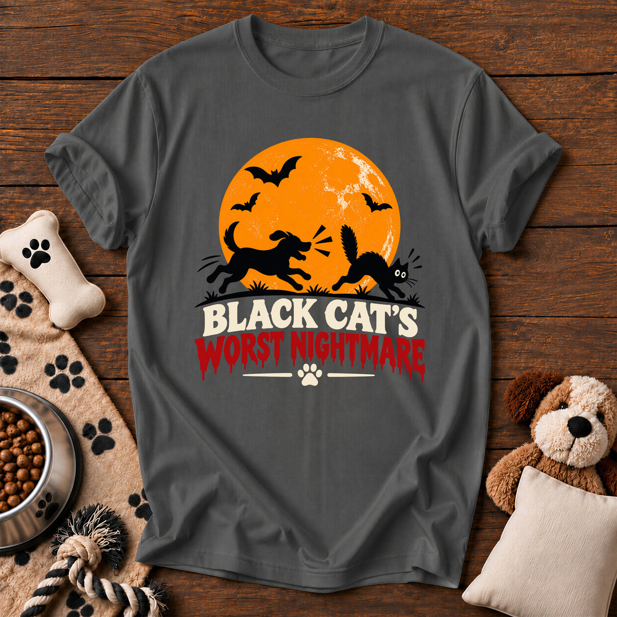 Black Cat's Nightmare Dog Tee — funny dog t-shirt in Pepper, Comfort Colors 1717 flat lay