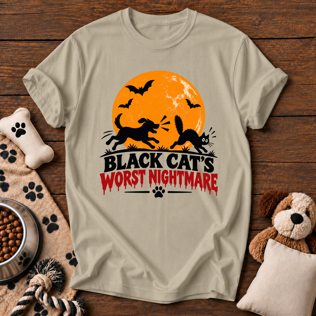 Black Cat's Nightmare Dog Tee — funny dog t-shirt in Sandstone, Comfort Colors 1717 flat lay