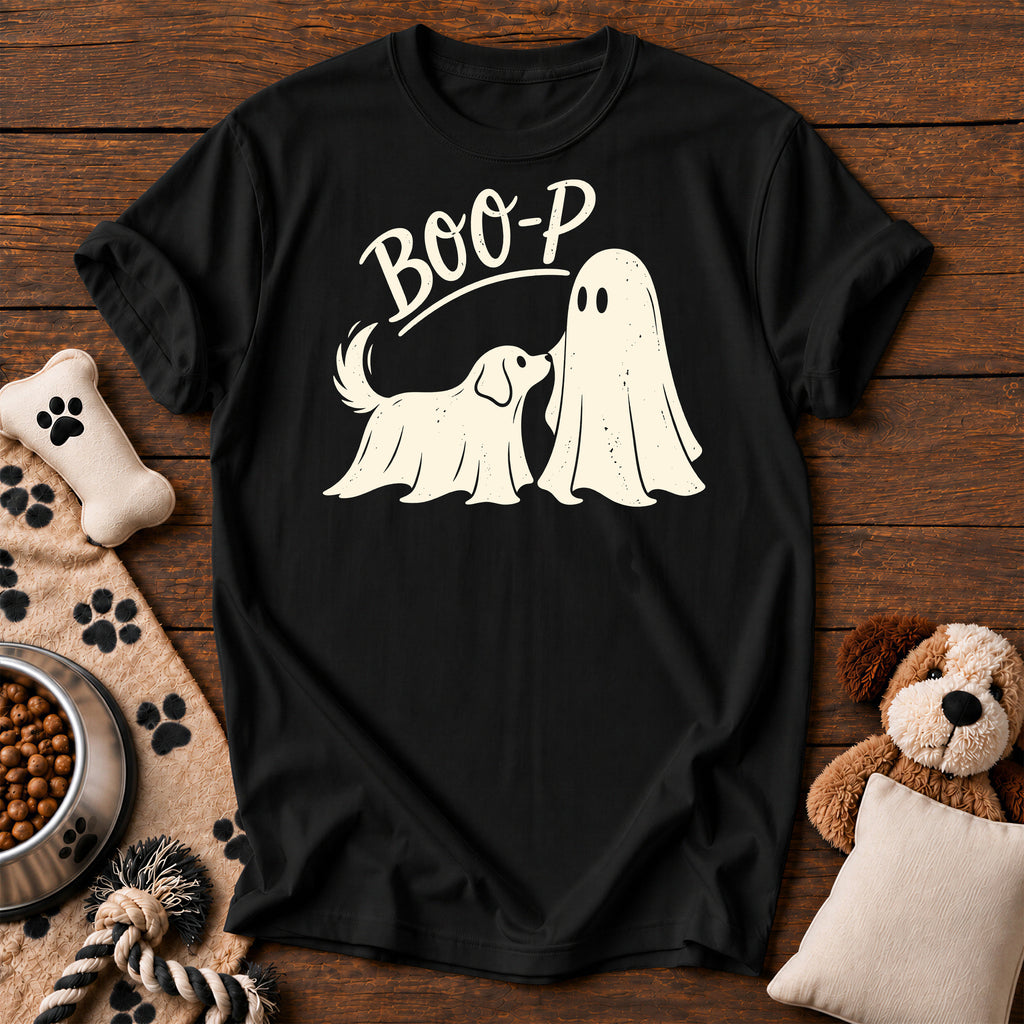 Boo-P Ghost Dog Tee — funny dog t-shirt in Black, Comfort Colors 1717 flat lay