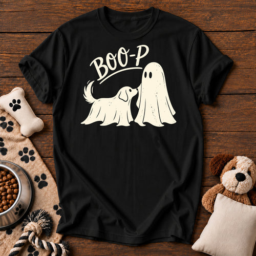 Boo-P Ghost Dog Tee — funny dog t-shirt in Black, Comfort Colors 1717 flat lay
