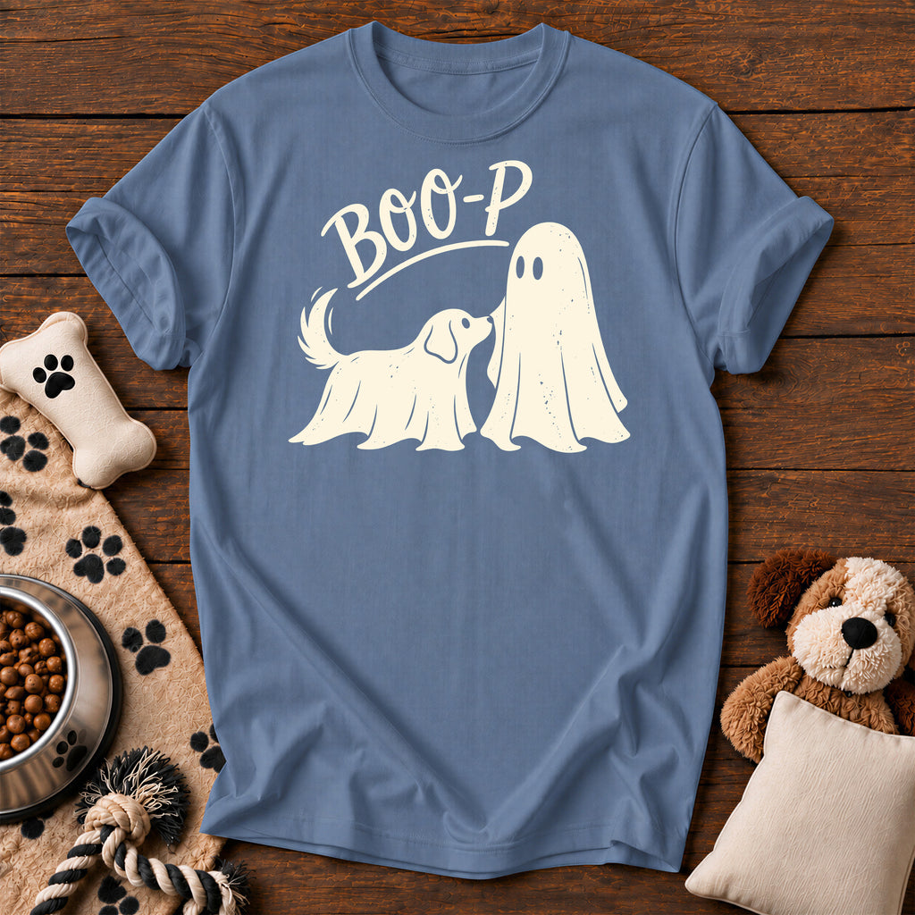 Boo-P Ghost Dog Tee — funny dog t-shirt in Blue Jean, Comfort Colors 1717 flat lay