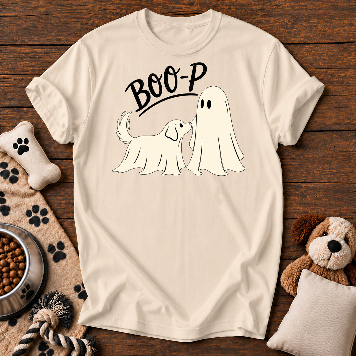 Boo-P Ghost Dog Tee — funny dog t-shirt in Ivory, Comfort Colors 1717 flat lay
