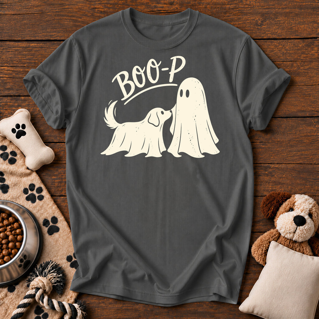Boo-P Ghost Dog Tee — funny dog t-shirt in Pepper, Comfort Colors 1717 flat lay