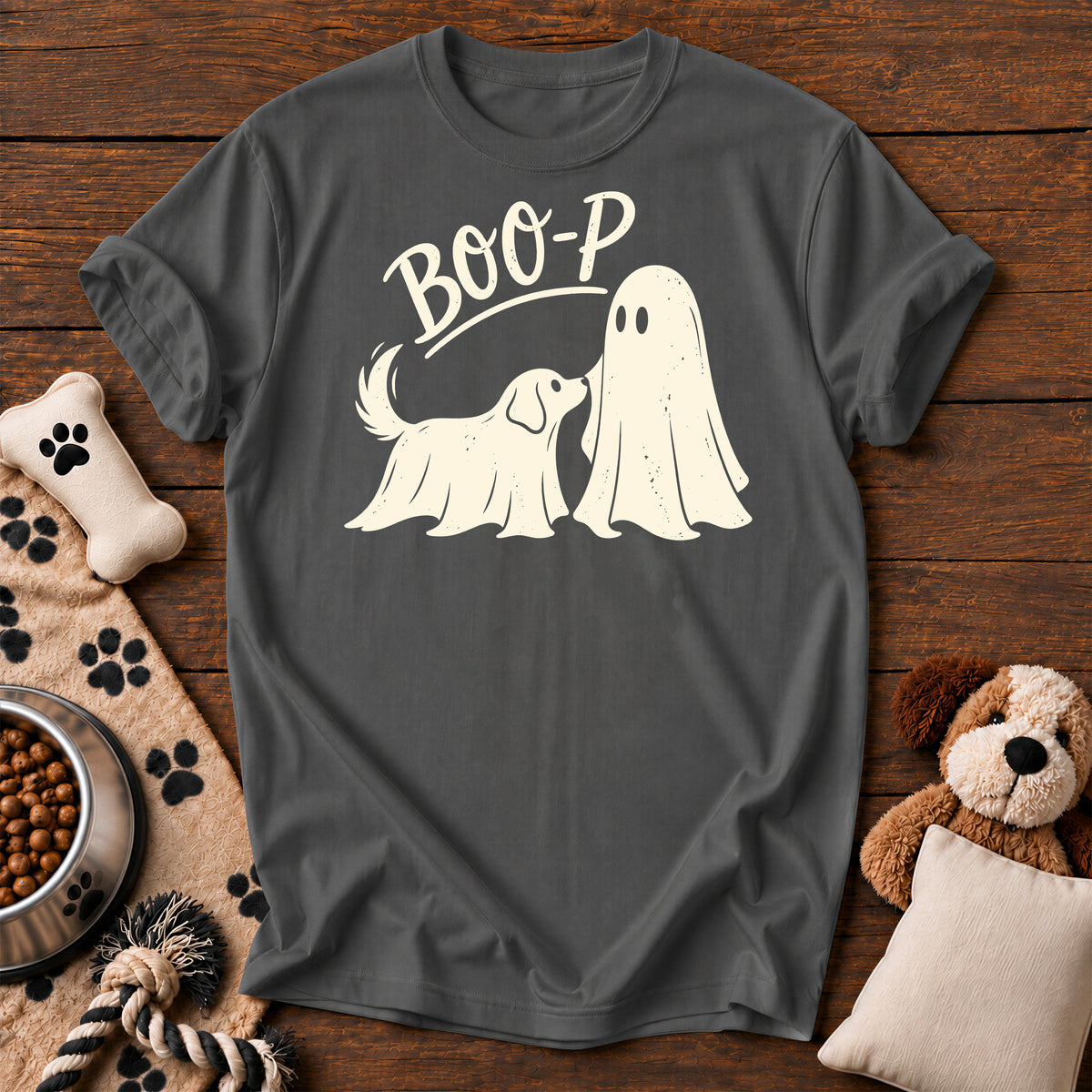 Boo-P Ghost Dog Tee — funny dog t-shirt in Pepper, Comfort Colors 1717 flat lay