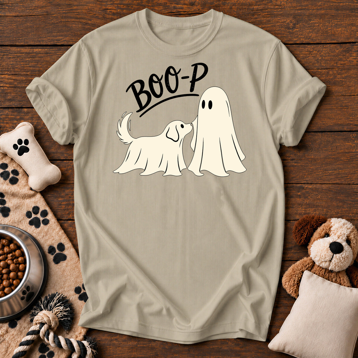 Boo-P Ghost Dog Tee — funny dog t-shirt in Sandstone, Comfort Colors 1717 flat lay