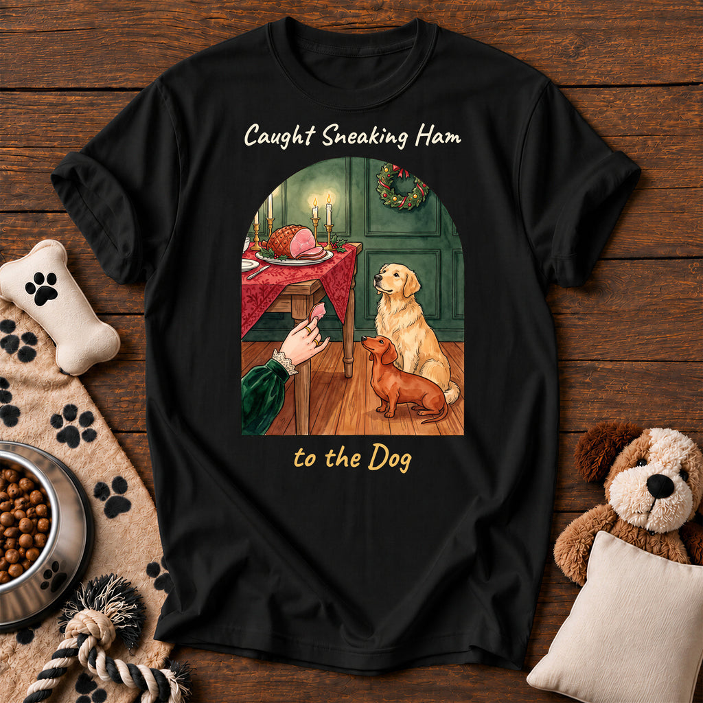 Caught Sneaking Ham Dog Tee — funny dog t-shirt in Black, Comfort Colors 1717 flat lay
