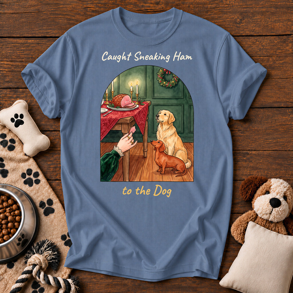 Caught Sneaking Ham Dog Tee — funny dog t-shirt in Blue Jean, Comfort Colors 1717 flat lay