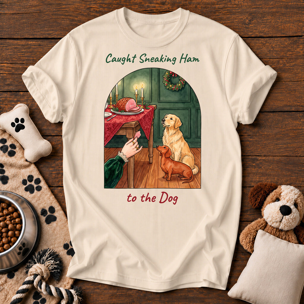 Caught Sneaking Ham Dog Tee — funny dog t-shirt in Ivory, Comfort Colors 1717 flat lay
