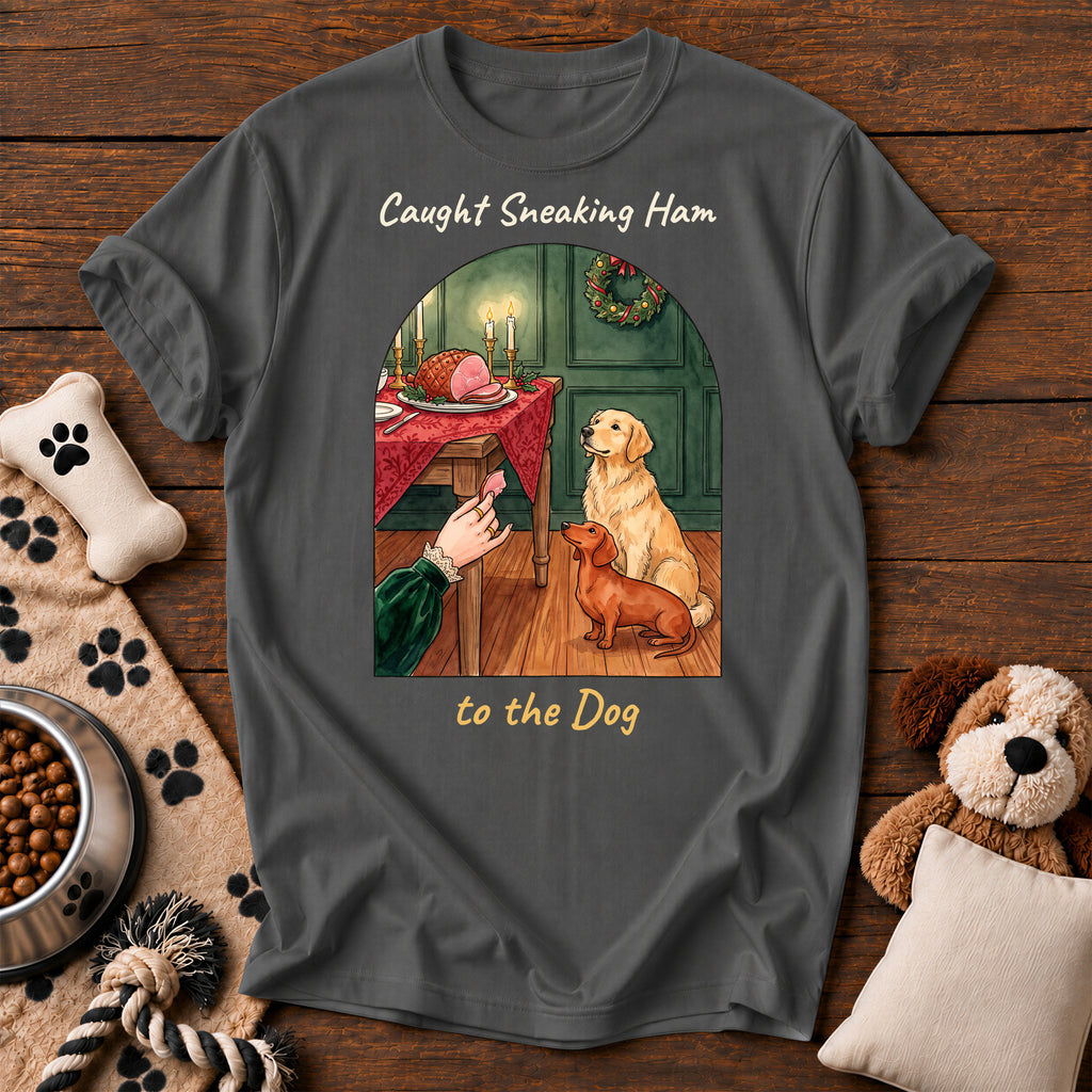 Caught Sneaking Ham Dog Tee — funny dog t-shirt in Pepper, Comfort Colors 1717 flat lay