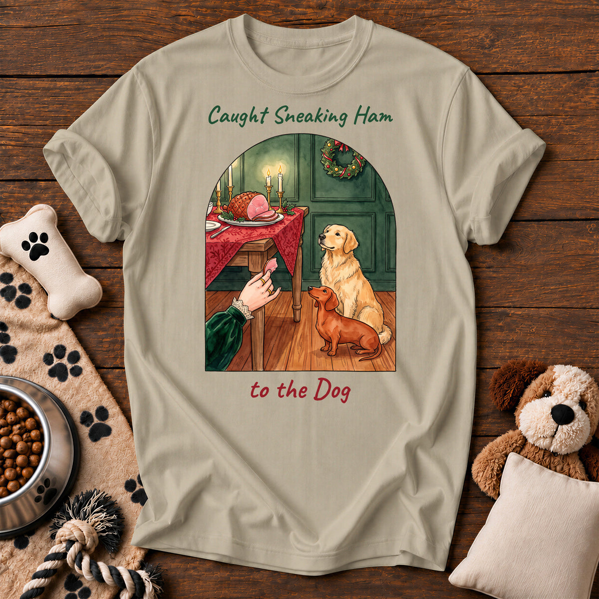 Caught Sneaking Ham Dog Tee — funny dog t-shirt in Sandstone, Comfort Colors 1717 flat lay