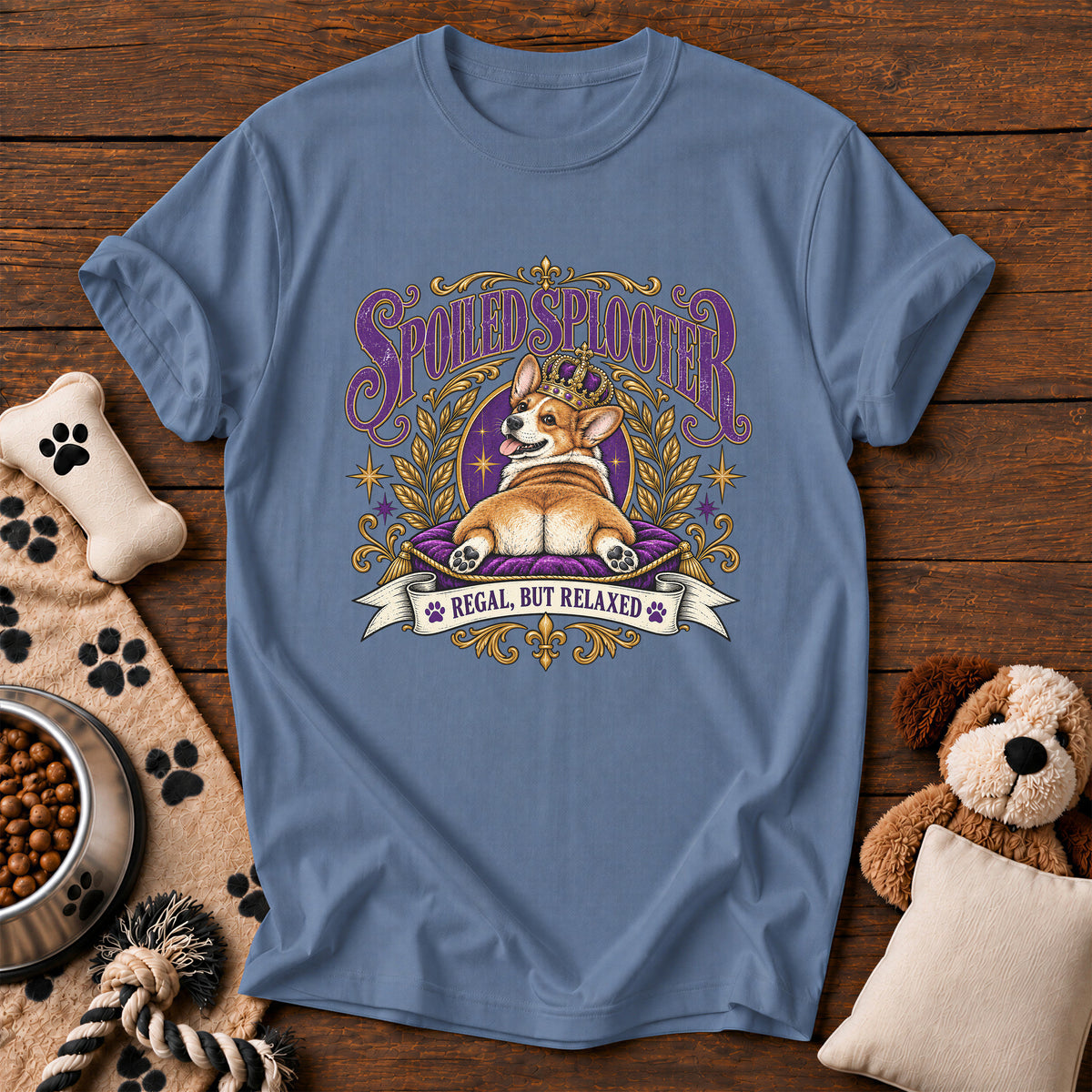 Corgi Spoiled Splooter Tee — funny dog t-shirt in Blue Jean, Comfort Colors 1717 flat lay
