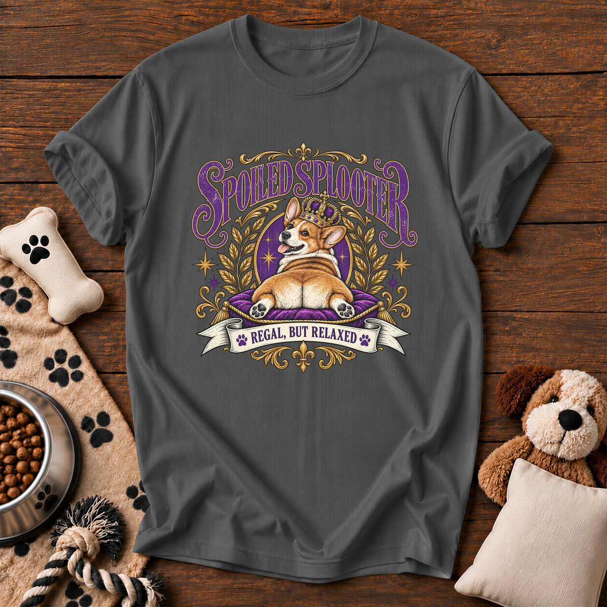 Corgi Spoiled Splooter Tee — funny dog t-shirt in Pepper, Comfort Colors 1717 flat lay