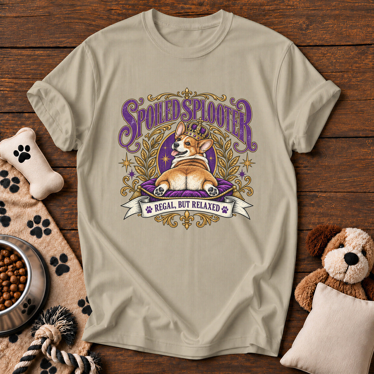Corgi Spoiled Splooter Tee — funny dog t-shirt in Sandstone, Comfort Colors 1717 flat lay